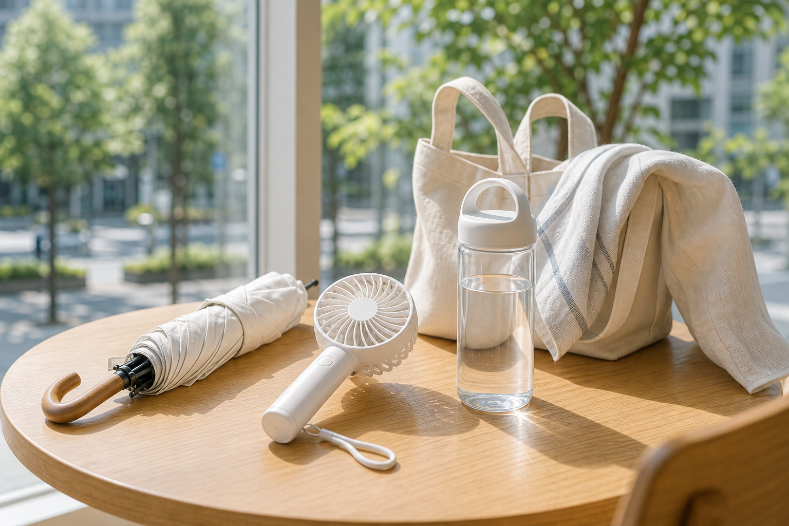 日傘とハンディファンの使い分けの理解を助ける生活シーン画像